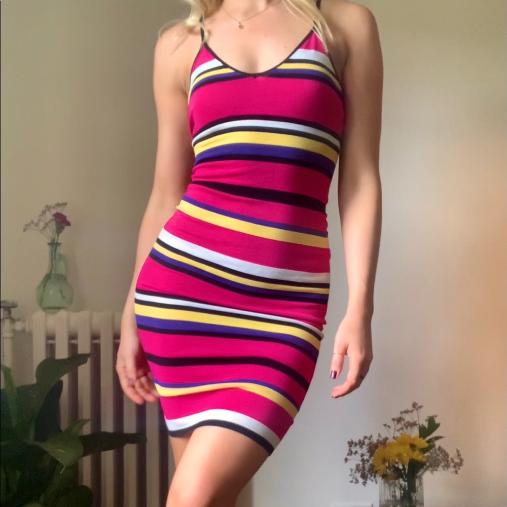 Privy Pink Knit Striped Bodycon Midi Dress Size Small